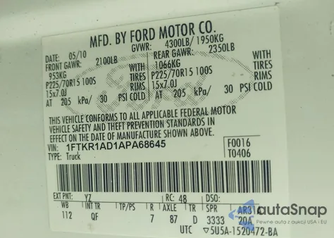 2010 Ford Ranger Xl/Xlt из США, поврежденный, VIN 1FTKR1AD1APA68645